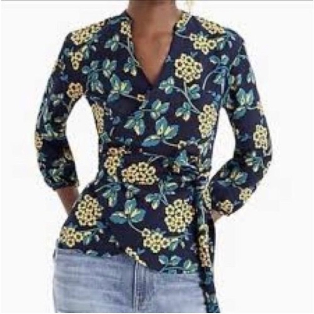 J. Crew Wrap Top Navy Blue Yellow Floral Print‎ Long Sleeve Size ST Small Tall
